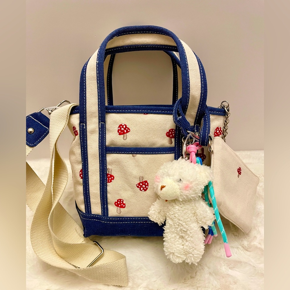 Madden Girl Cream & Blue Mini Tote‎ Crossbody Bag Mushrooms, Charms & Keychain